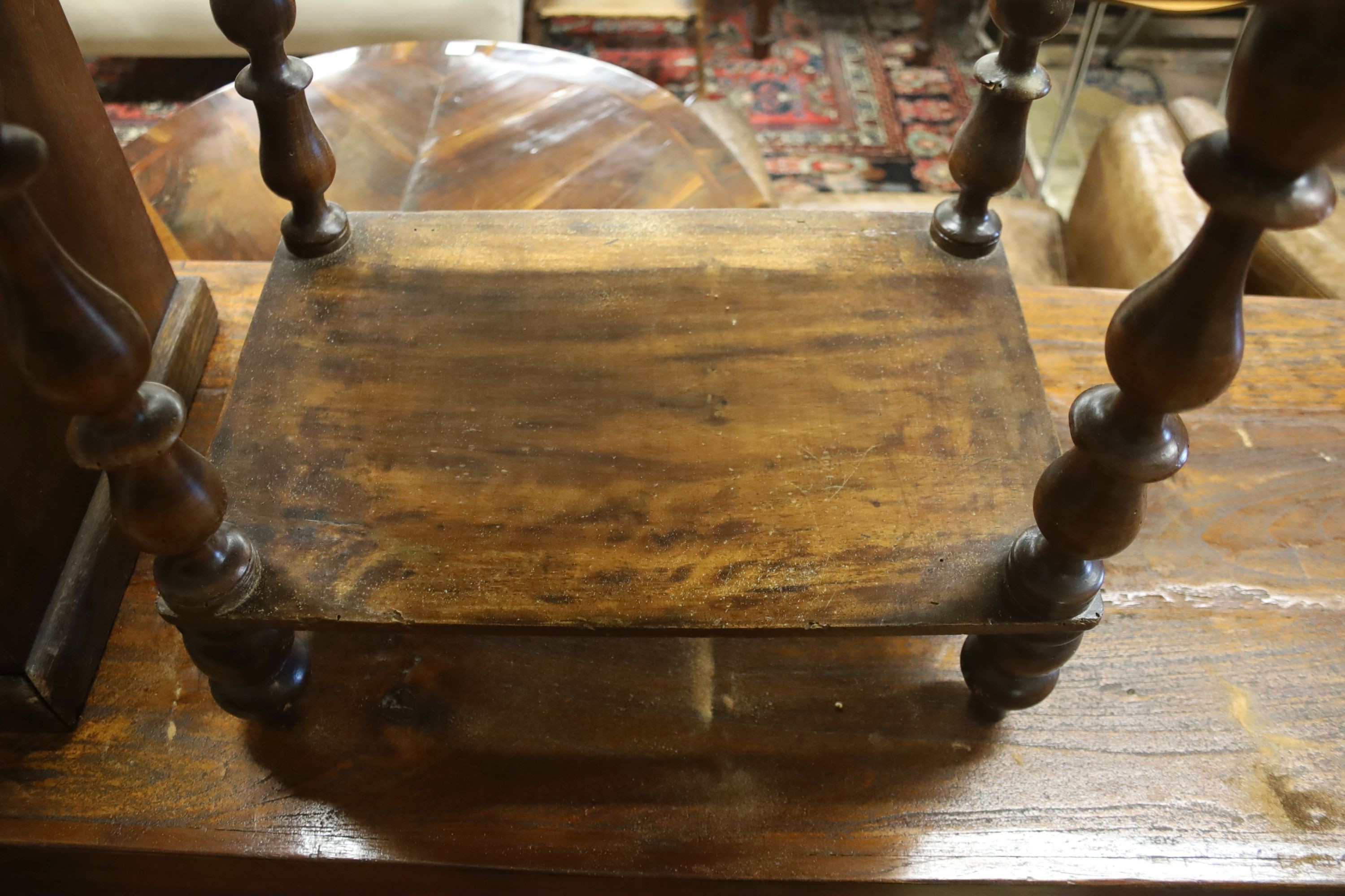 A Victorian mahogany walnut four-tier whatnot, (severely wormed) width 44cm, depth 30cm, height 118cm